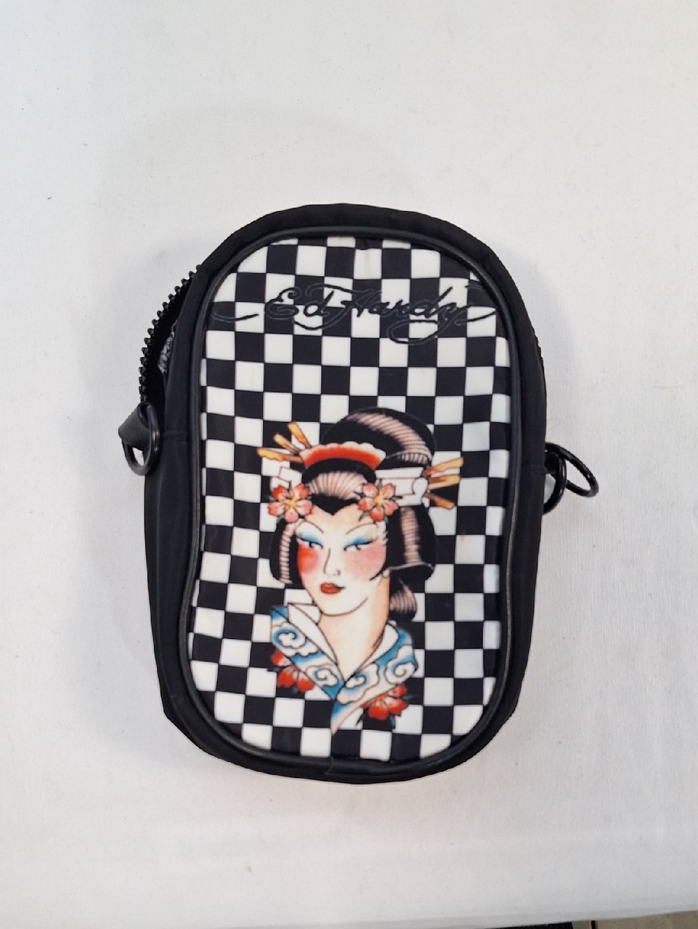 Ed Hardy Black & White Checker Geisha Small Crossbody Bag